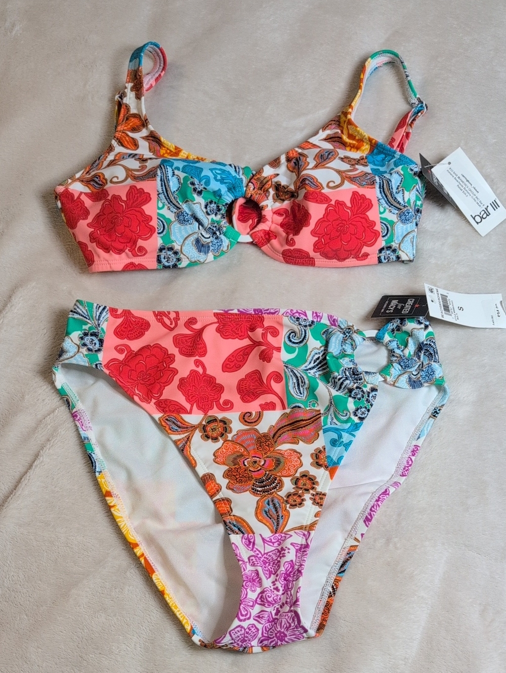 Bar III Patchwork Floral Bikini in Coral, Turquoise & Pink